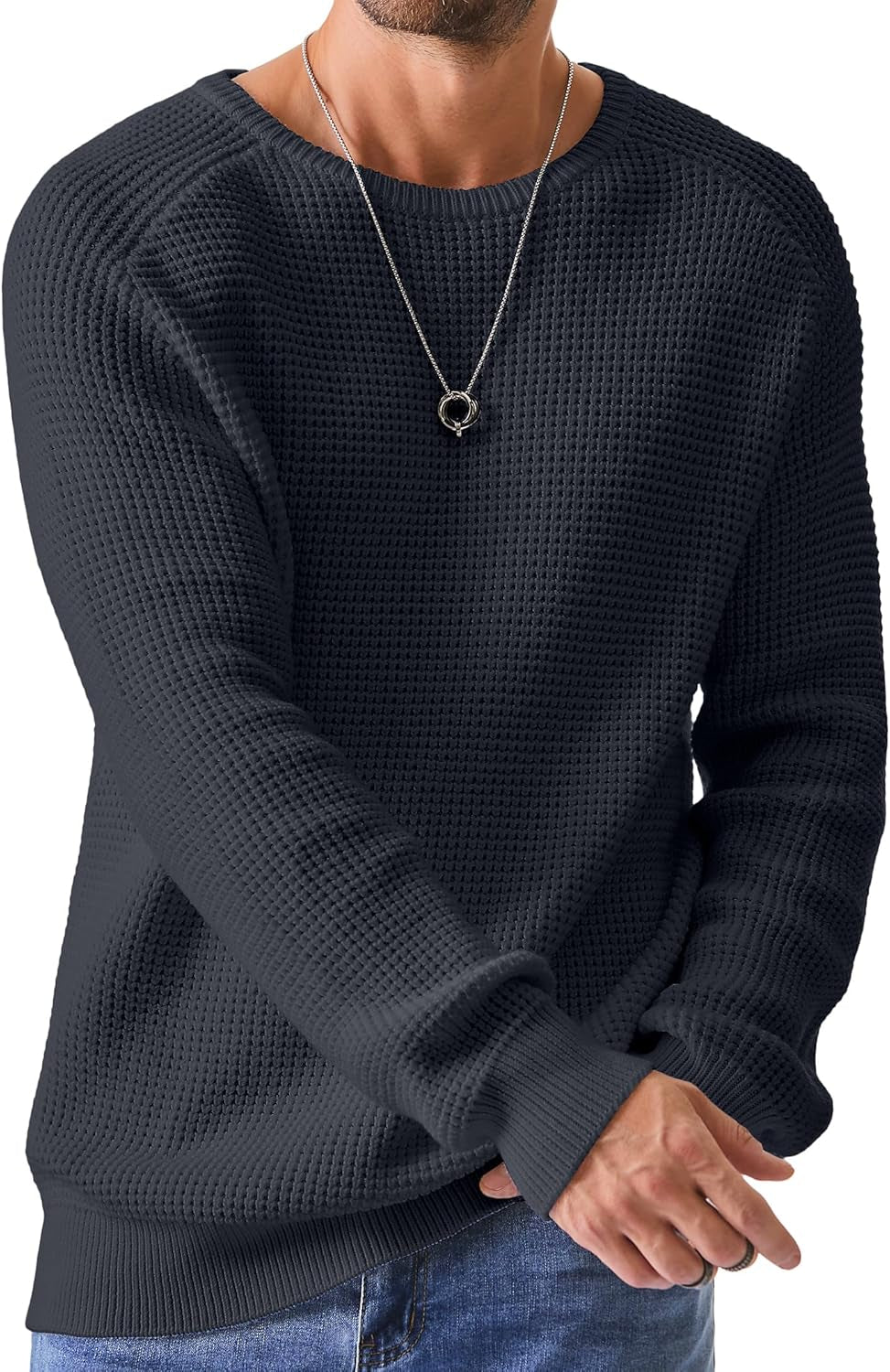 Men's Crewneck Pullover Sweater Waffle Textured Knitted Sweaters Casual Loose Fit Sweaters with Ribbing Edge