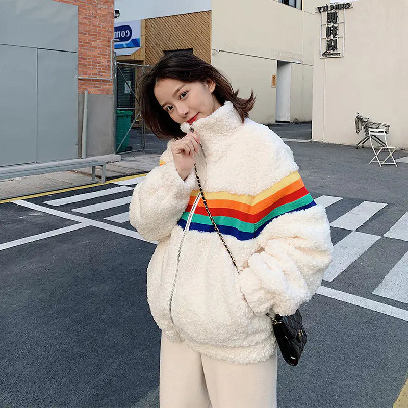 Rainbow Lamb Wool Coat for Women - Autumn Winter Style