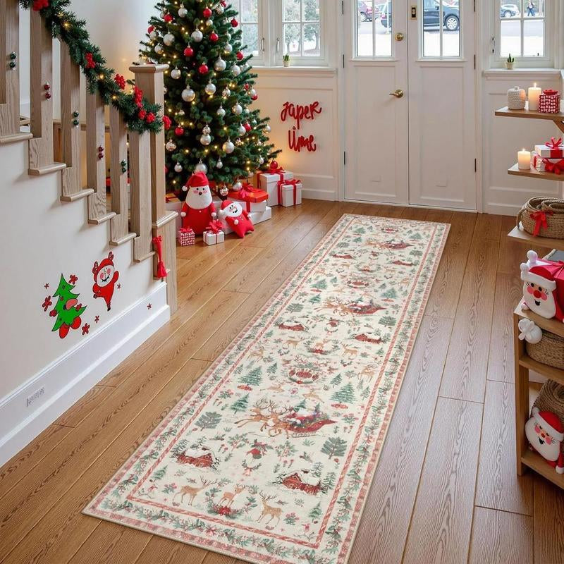 Christmas Deer Santa Long Rug, Multiple Patterns Available, Soft Durable Washable Carpet for Indoor Outdoor Use, Home Decor-Yy
