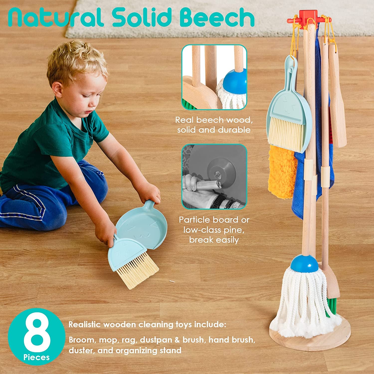 Kids Cleaning Set, 8 Pcs Wooden Housekeeping Play Set