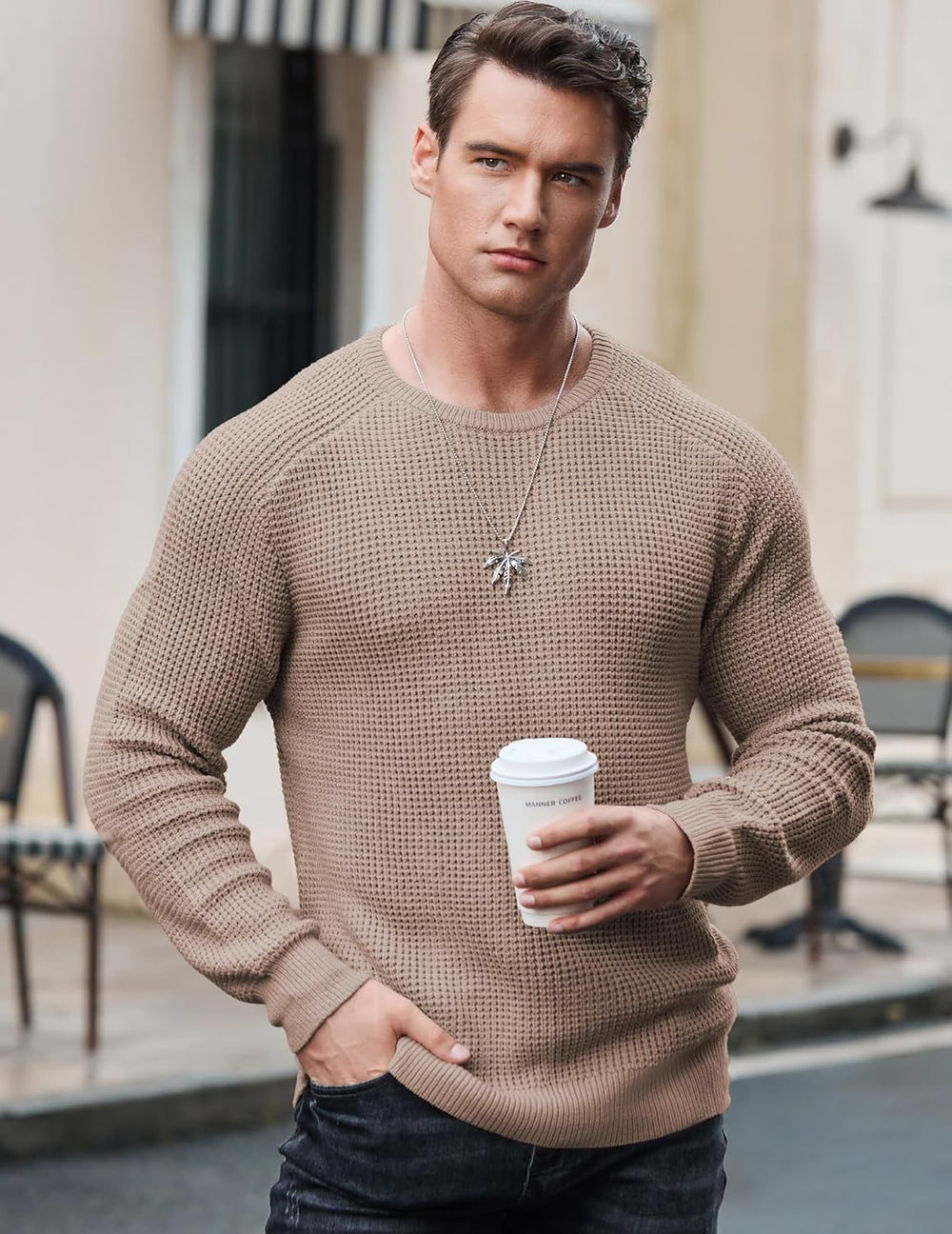 Men's Crewneck Pullover Sweater Waffle Textured Knitted Sweaters Casual Loose Fit Sweaters with Ribbing Edge