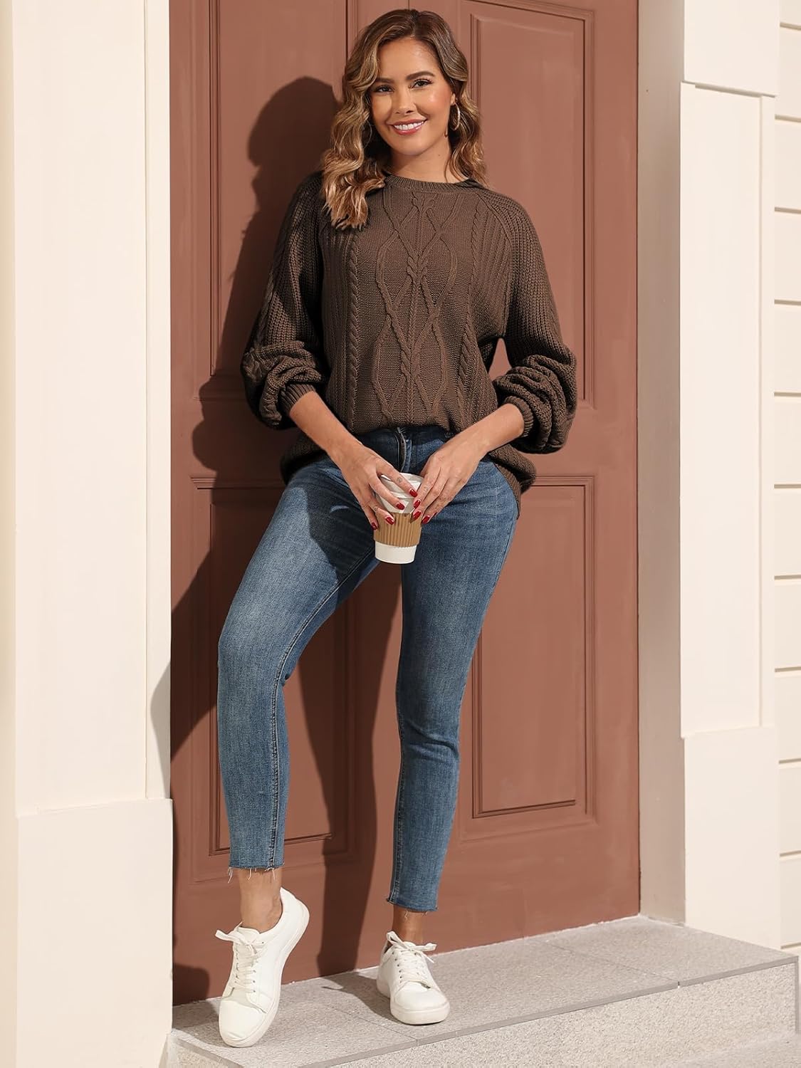 Womens Chunky Cable Knit Pullover Fall Crewneck Sweater Outfits Long Sleeve Tops