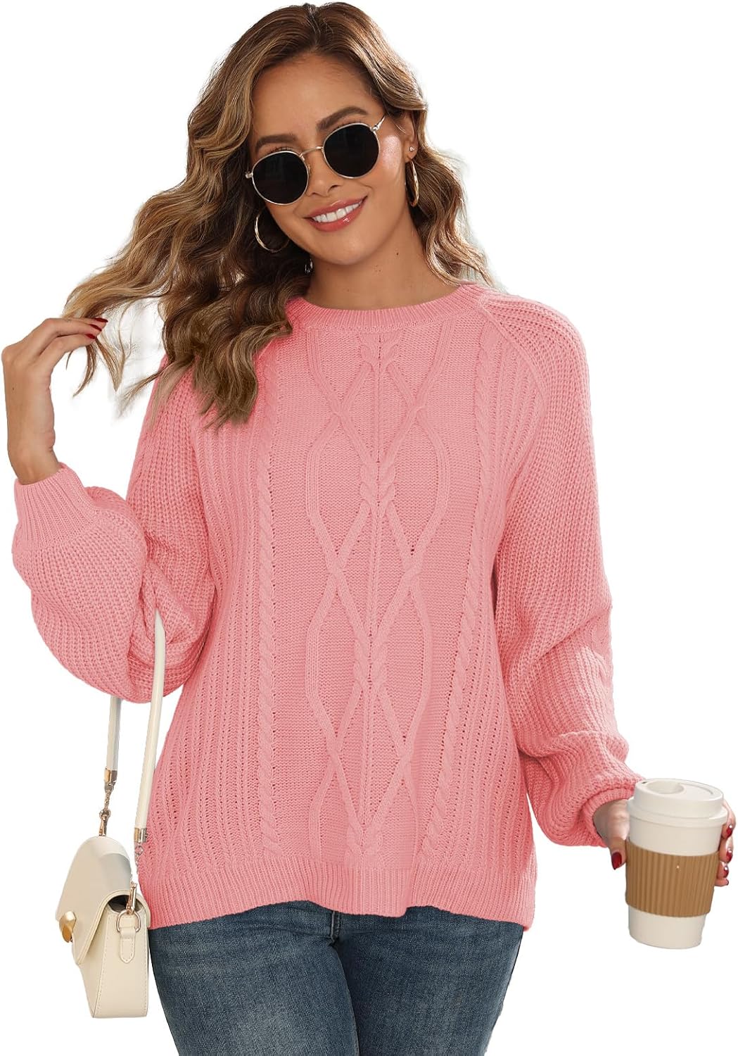 Womens Chunky Cable Knit Pullover Fall Crewneck Sweater Outfits Long Sleeve Tops