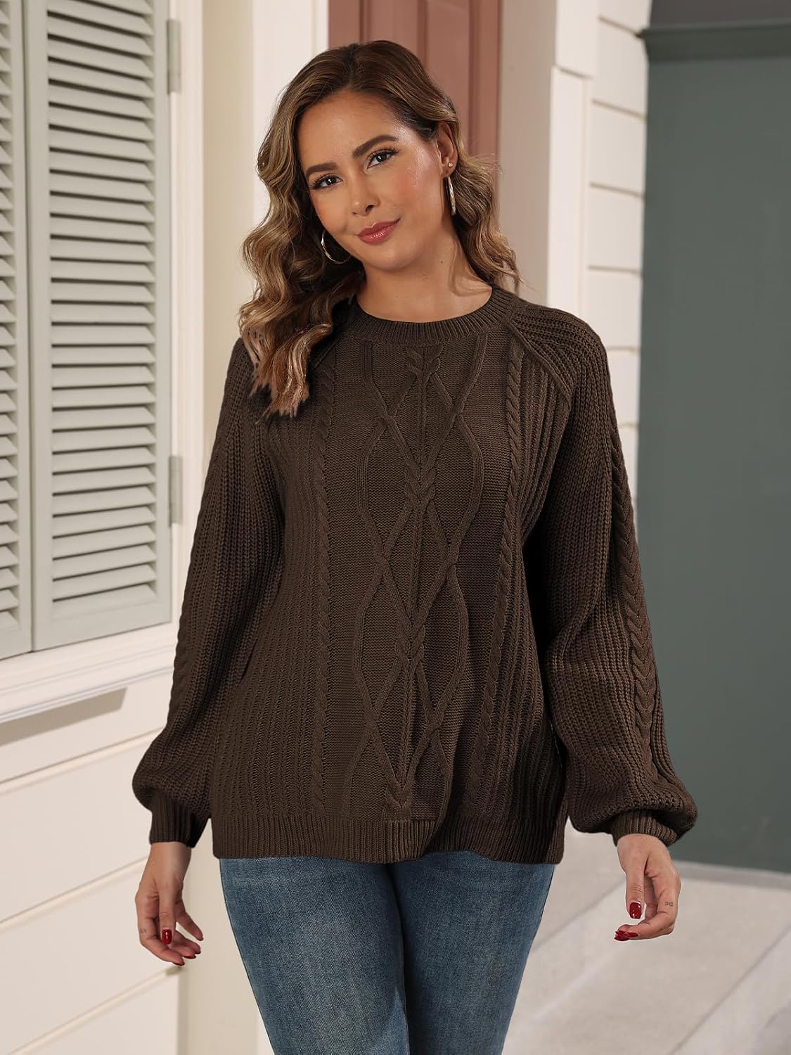 Womens Chunky Cable Knit Pullover Fall Crewneck Sweater Outfits Long Sleeve Tops