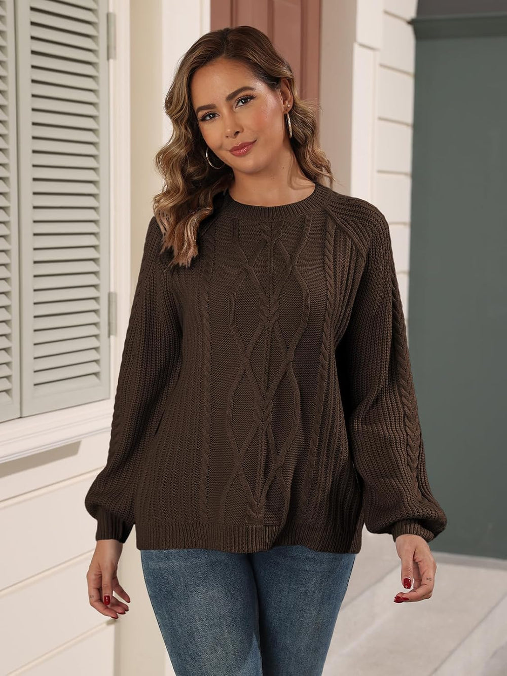 Womens Chunky Cable Knit Pullover Fall Crewneck Sweater Outfits Long Sleeve Tops