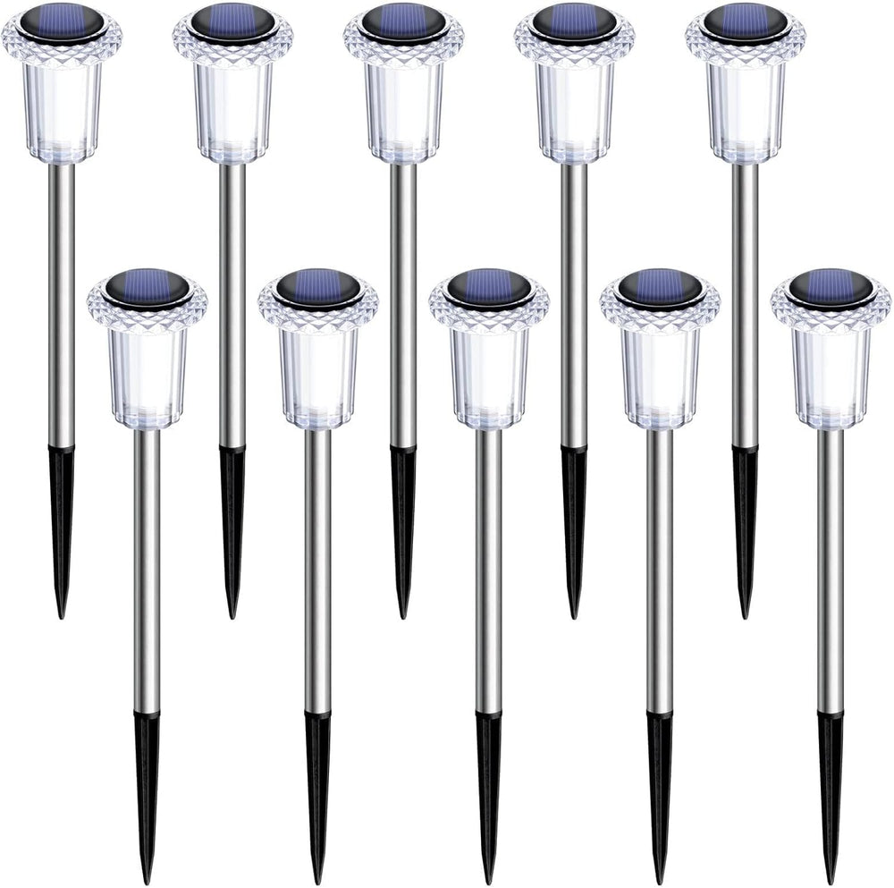 Solar Lights Outdoor 10 Pack Waterproof 6000K Cold White LED Stainless Steel Stake for Pathway Yard Garden Driveway Solar Powered outside Decor