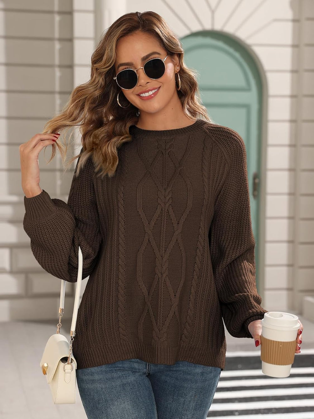 Womens Chunky Cable Knit Pullover Fall Crewneck Sweater Outfits Long Sleeve Tops