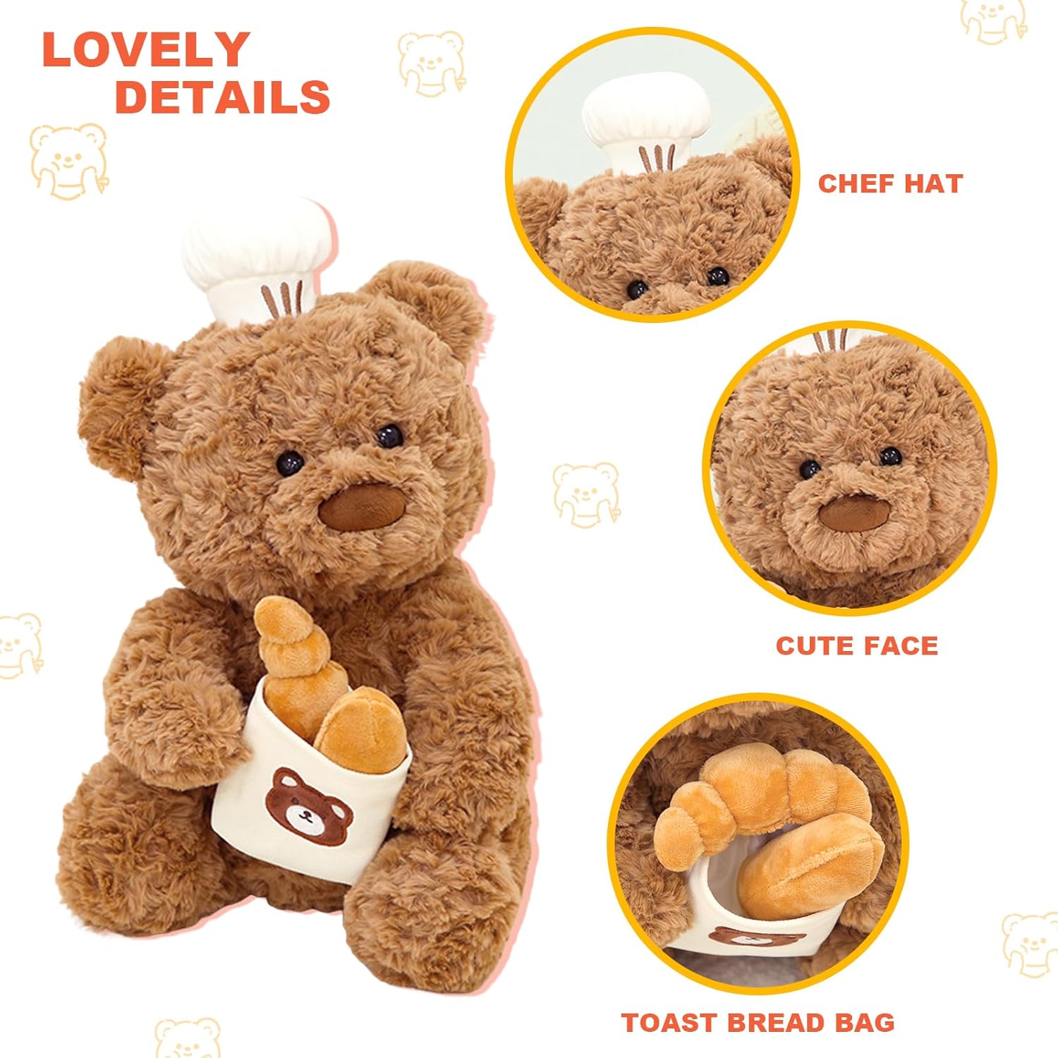 Chef Teddy Bear Stuffed Animal Holds Toast Bread Bag Cute Bear Plush