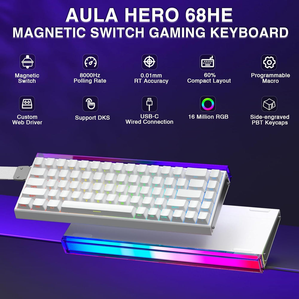 Hero 68 HE 60% Gaming Keyboard Wired, Hall Effect Magnetic Switch Keyboard with Adjustable Actuation, Fast Trigger Mode, 8K Hz Polling Rate, 0.125ms Latency,Side Printed PBT Keycaps, RGB Backlit