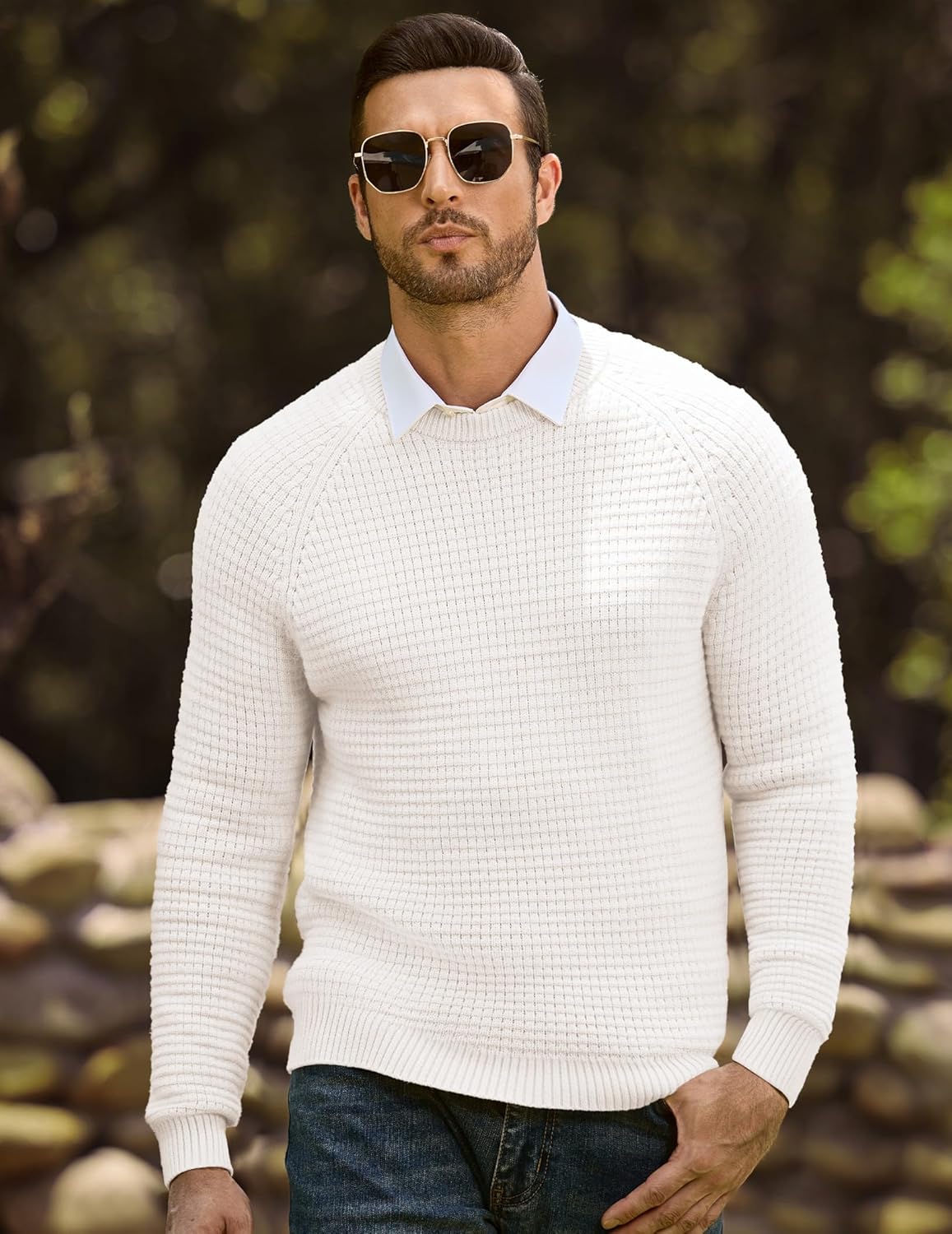 Mens Crewneck Sweater Waffle Textured Knitted Solid Pullover Casual Daily Wear Soft 2025 Fashion Pullovers