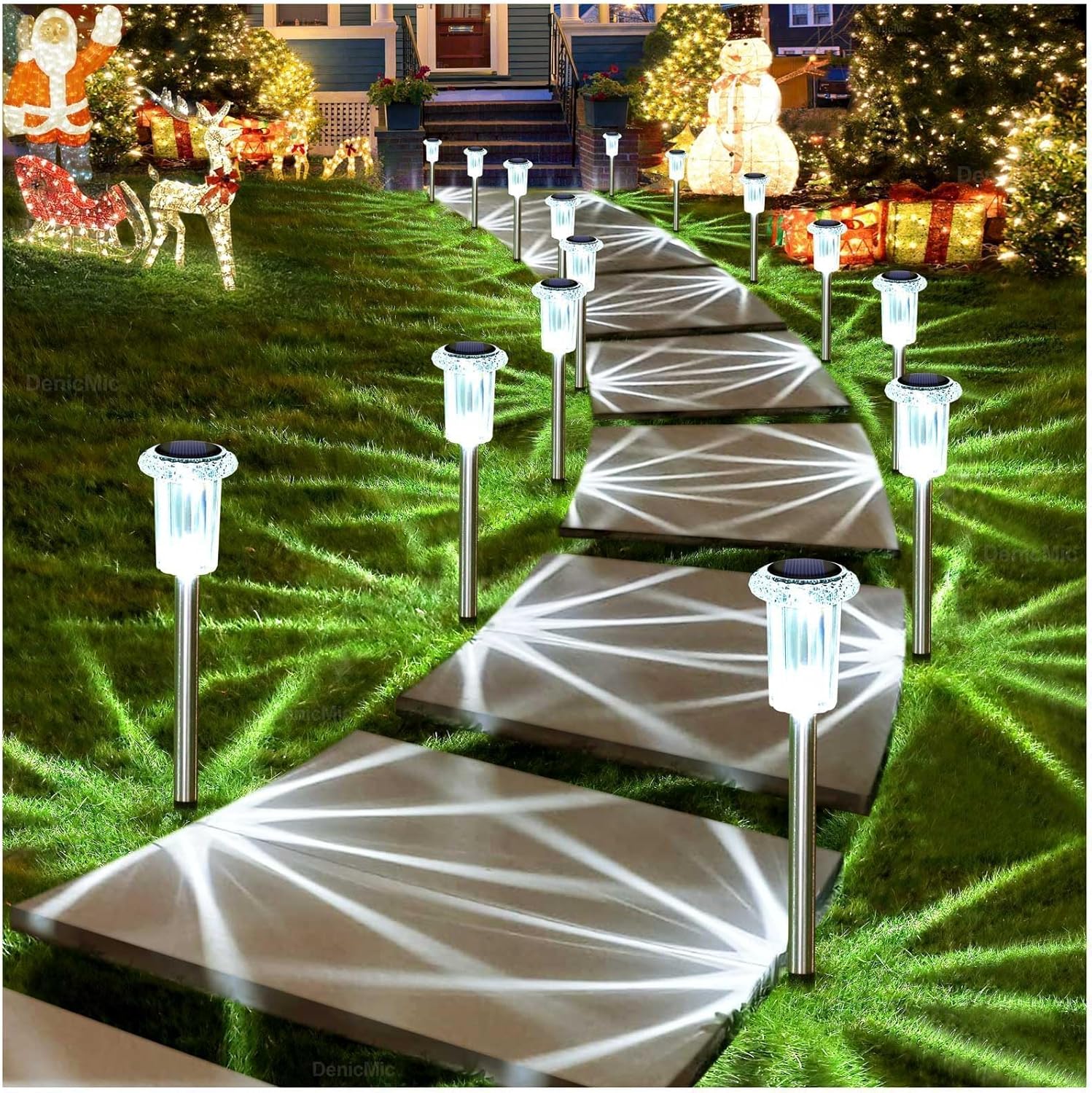 Solar Lights Outdoor 10 Pack Waterproof 6000K Cold White LED Stainless Steel Stake for Pathway Yard Garden Driveway Solar Powered outside Decor