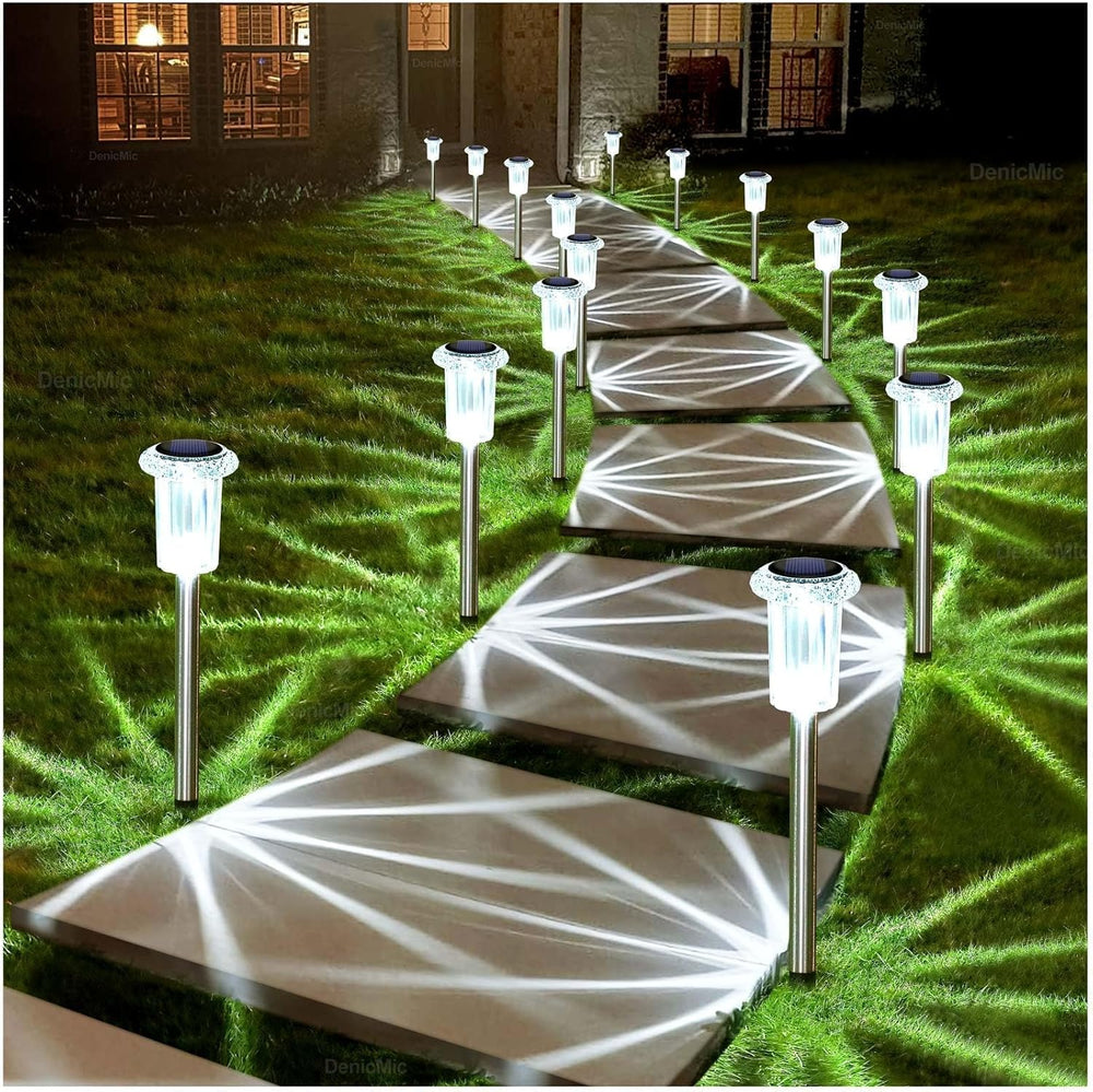 Solar Lights Outdoor 10 Pack Waterproof 6000K Cold White LED Stainless Steel Stake for Pathway Yard Garden Driveway Solar Powered outside Decor