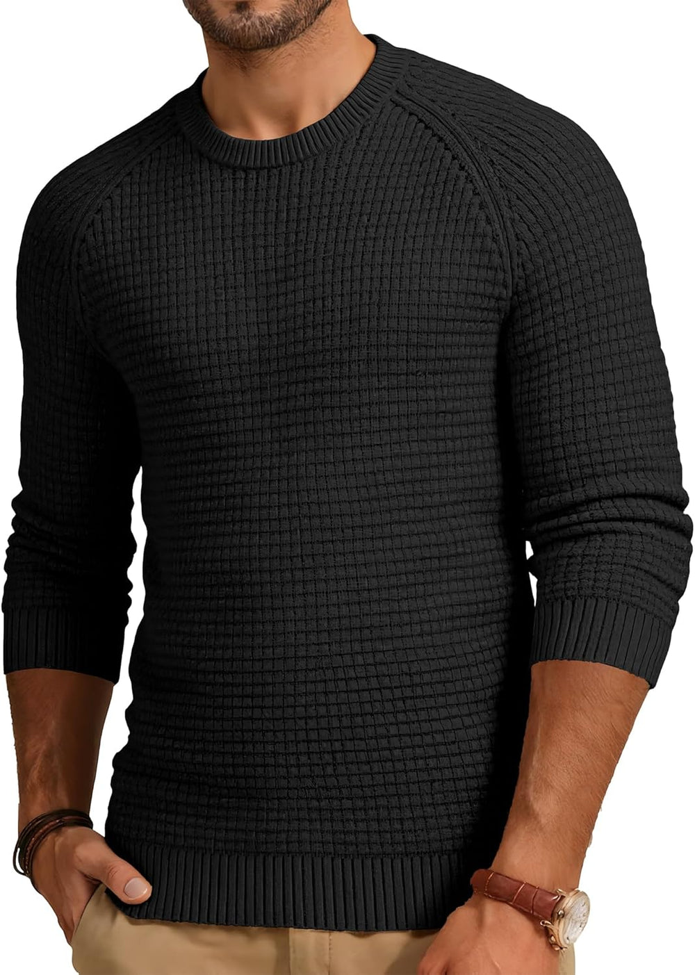 Mens Crewneck Sweater Waffle Textured Knitted Solid Pullover Casual Daily Wear Soft 2025 Fashion Pullovers