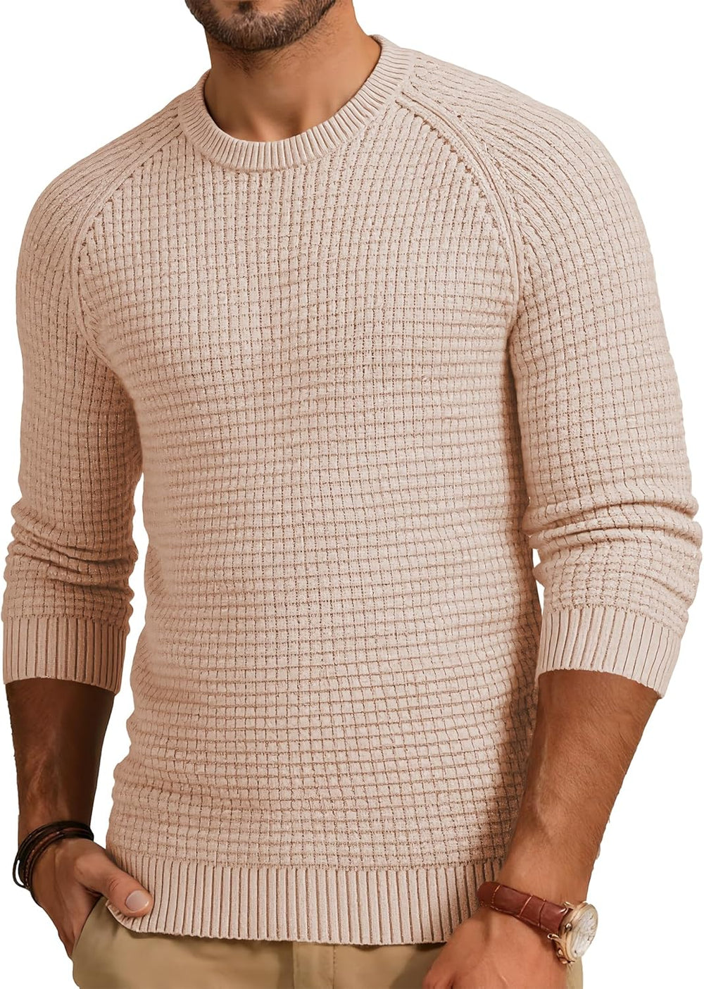 Mens Crewneck Sweater Waffle Textured Knitted Solid Pullover Casual Daily Wear Soft 2025 Fashion Pullovers