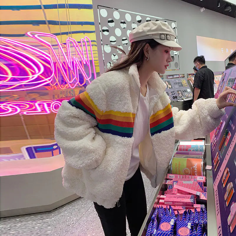 Rainbow Lamb Wool Coat for Women - Autumn Winter Style