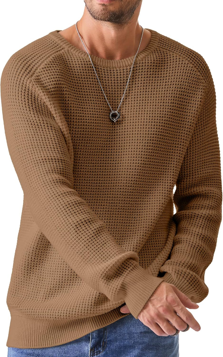 Men's Crewneck Pullover Sweater Waffle Textured Knitted Sweaters Casual Loose Fit Sweaters with Ribbing Edge