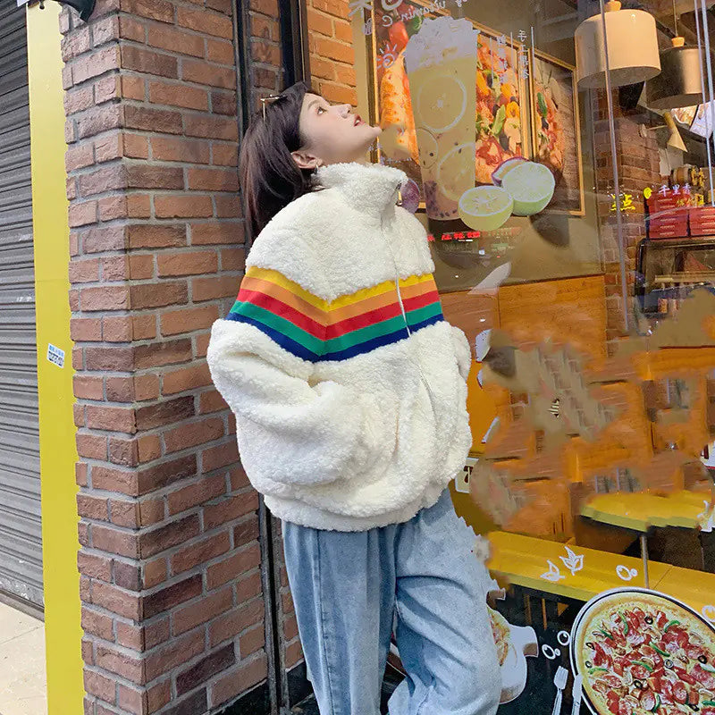 Rainbow Lamb Wool Coat for Women - Autumn Winter Style