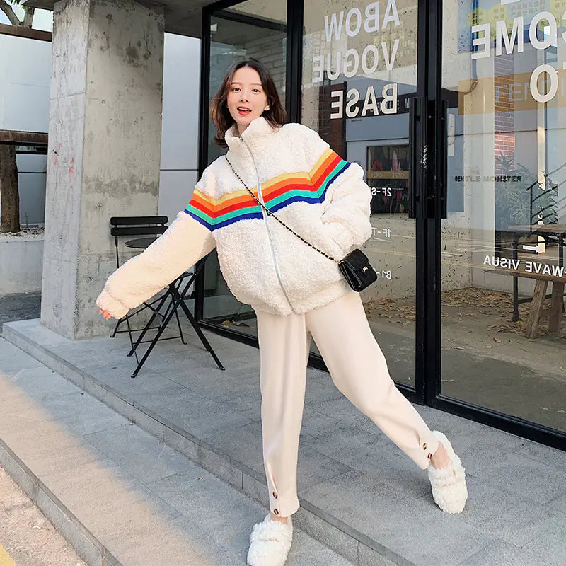 Rainbow Lamb Wool Coat for Women - Autumn Winter Style