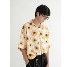 Men's Summer Short Sleeve Floral Shirt with Unique Collar